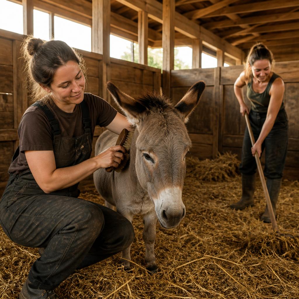 Volunteers grooming a donkey and raking fresh bedding in a barn stall